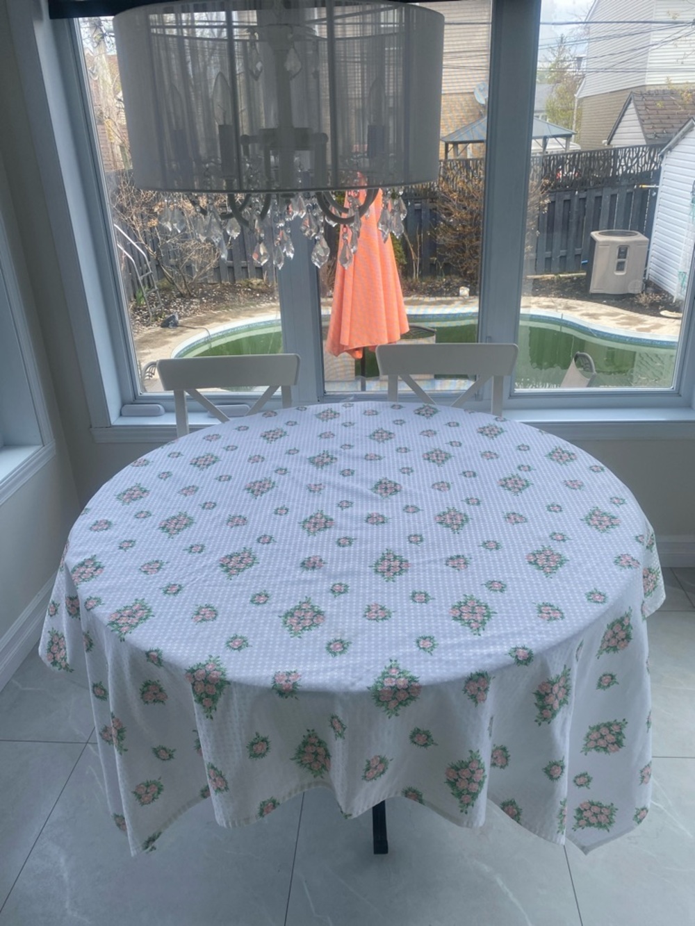 Floral  square floral Tablecloth White w Pink & Green Accents L: 62” width:  67”